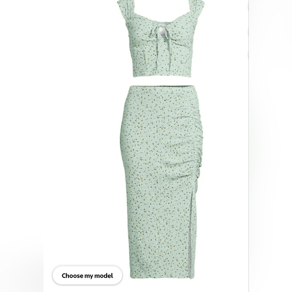 Y2K Pucker Top & Midi Skirt Set In Jade Delight Green Floral XL - Picture 2 of 7